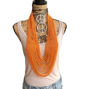 Women's orange beaded multi-strand long statement necklace